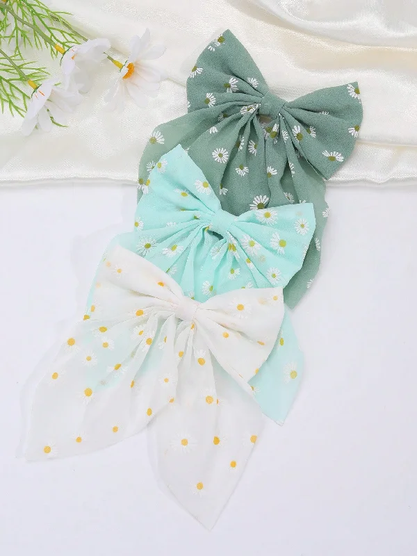 ---3pcs Women Fashionable Spring Daisy Bowknot Hair Clip With Long Tail, For Dating Or As Gift For Friends