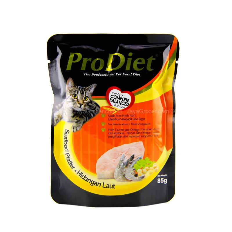    - Indoor cat food  Pro Diet Pouch Seafood Platter 85g