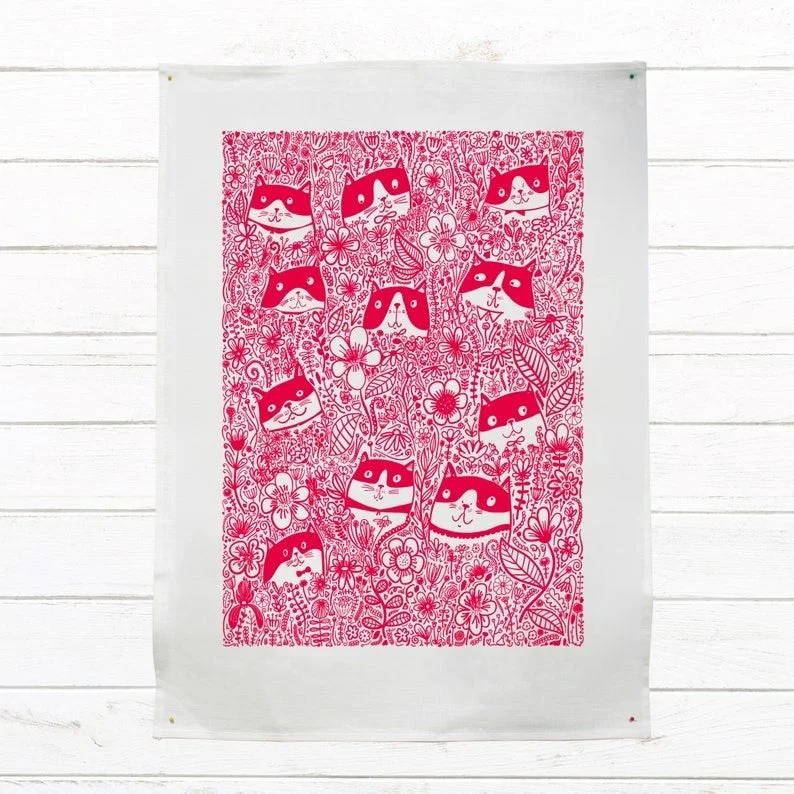    - Hairball control cat food  Tea Towels - Cat Flowers Red